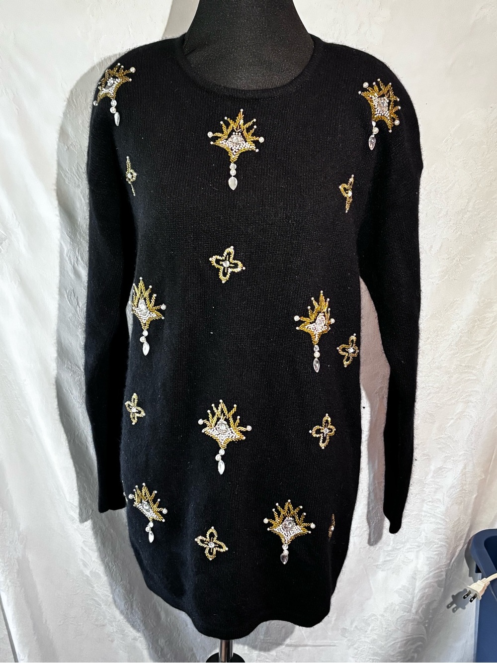 VTG Evan Picone Lambswool Angora Beaded Starburst Sweater Tunic M Black